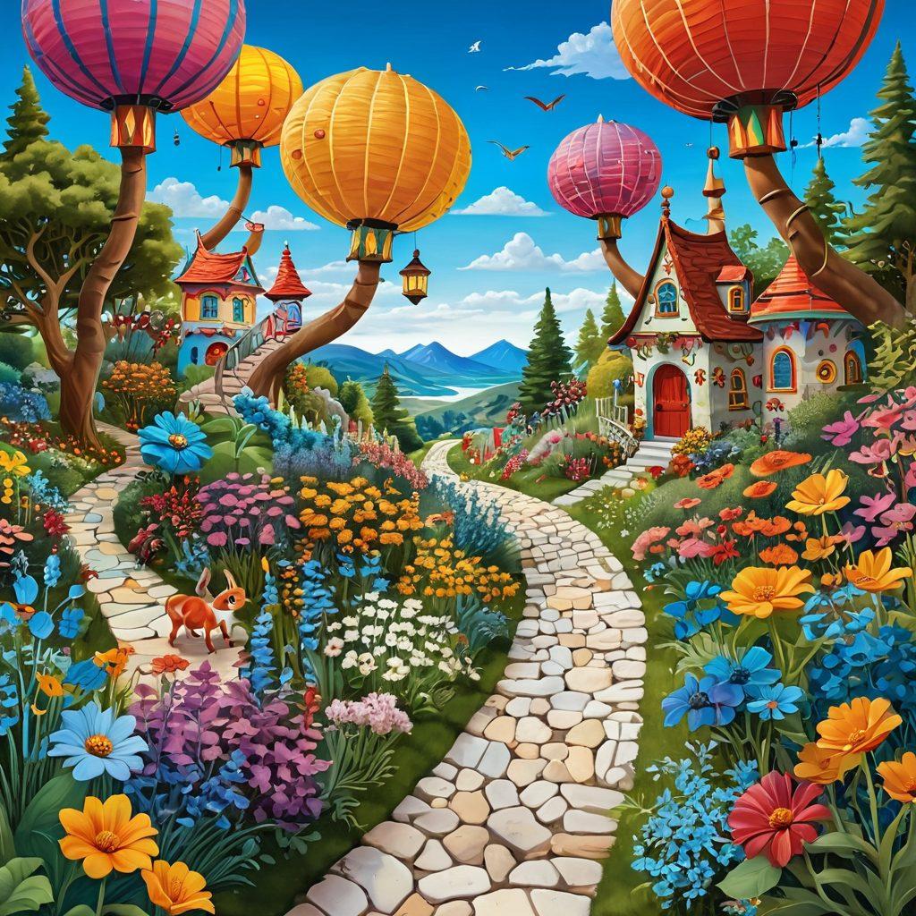 A colorful, whimsical landscape featuring winding paths lined with oversized flowers and playful creatures, with a clear blue sky above. People of diverse backgrounds are joyfully exploring the paths, each expressing their unique happiness in creative ways, surrounded by vibrant colors and magical elements. Enchanting details like floating lanterns and quirky trees add to the charm. super-realistic. vibrant colors. fantasy style.