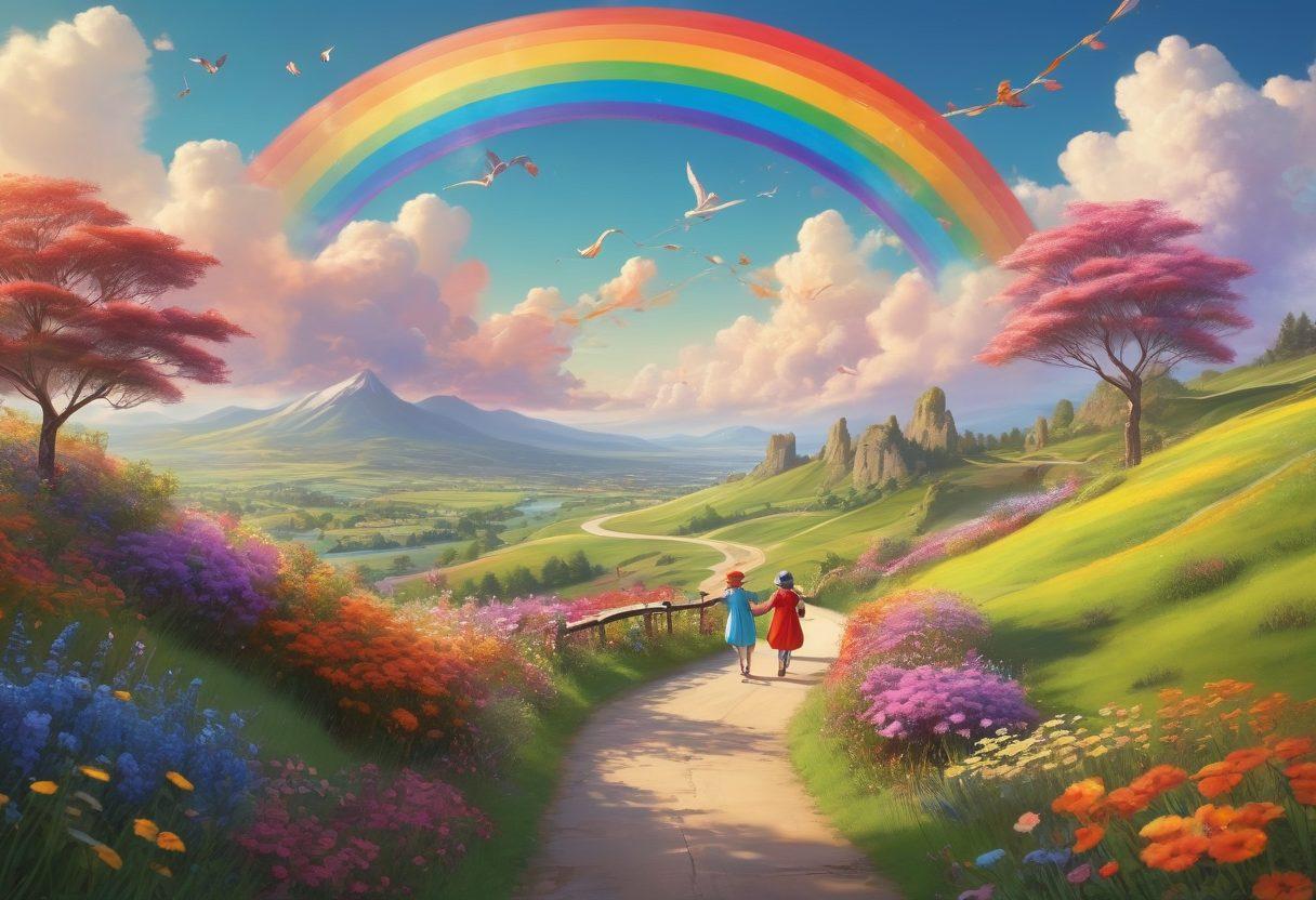 A whimsical landscape featuring a rainbow arching over joyful travelers on a winding path, with quirky characters engaging in cheerful activities like dancing and painting. The scene should be vibrant, filled with blooming flowers, playful clouds, and a radiant sun smiling down. Capture the essence of happiness and exploration, reflecting the journey to bliss. cartoonish style. vibrant colors. 3D elements.
