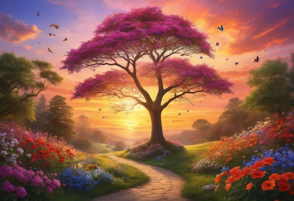 A serene landscape reflecting the essence of joyful living, featuring diverse individuals engaging in unique activities such as dancing, painting, and meditating under a colorful sunset. Include vibrant flowers and trees that symbolize uniqueness and growth, with soft rays of sunlight illuminating their joyful expressions. Incorporate whimsical elements like butterflies and birds to enhance the sense of freedom and contentment. surrealistic. vibrant colors. 3D.